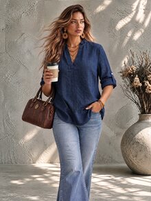 Ceyna Wood Ear Trim V-Neck Blouse, Vertical Textured Fabric, 3/4 Roll-Up Sleeves, Loose Fit, Designed For Plus Size People Seeking Comfort And Flattering Coverage, Casual Artistic Style, Light Commute, Vacation, Daily Outings, Short Trips, Home Wear, Light Socializing, Shopping, Suitable For Spring, Summer, And Early Autumn - Blue - View 3