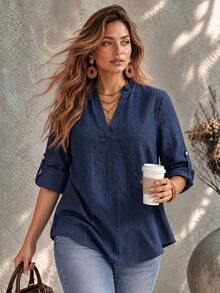 Ceyna Wood Ear Trim V-Neck Blouse, Vertical Textured Fabric, 3/4 Roll-Up Sleeves, Loose Fit, Designed For Plus Size People Seeking Comfort And Flattering Coverage, Casual Artistic Style, Light Commute, Vacation, Daily Outings, Short Trips, Home Wear, Light Socializing, Shopping, Suitable For Spring, Summer, And Early Autumn - Blue - View 6