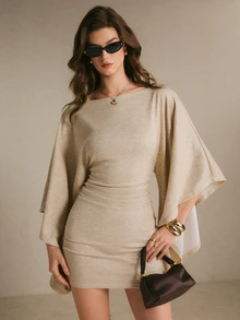 Poéselle Women's Solid Color Boat Neck Batwing Sleeve Pleated Fashion Mini Dress, Elegant Mature Short Fall/Winter Party Night Dinner Cocktail Beige - Khaki - View 2