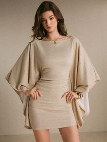 Poéselle Women's Solid Color Boat Neck Batwing Sleeve Pleated Fashion Mini Dress, Elegant Mature Short Fall/Winter Party Night Dinner Cocktail Beige - Khaki - View 4
