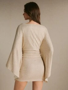 Poéselle Women's Solid Color Boat Neck Batwing Sleeve Pleated Fashion Mini Dress, Elegant Mature Short Fall/Winter Party Night Dinner Cocktail Beige - Khaki - View 3