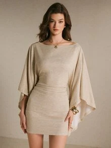 Poéselle Women's Solid Color Boat Neck Batwing Sleeve Pleated Fashion Mini Dress, Elegant Mature Short Fall/Winter Party Night Dinner Cocktail Beige - Khaki - View 9