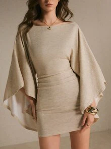 Poéselle Women's Solid Color Boat Neck Batwing Sleeve Pleated Fashion Mini Dress, Elegant Mature Short Fall/Winter Party Night Dinner Cocktail Beige - Khaki - View 5