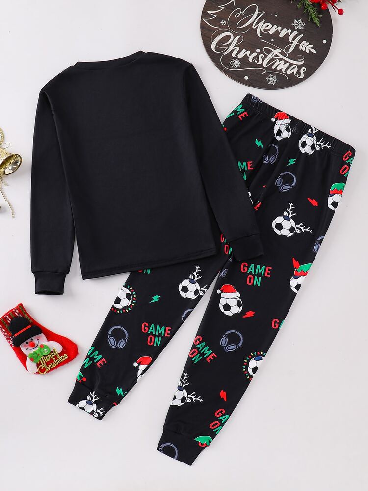 SHEIN Tween Boy Soccer Pattern Round Neck Long Sleeve Long Pants Casual Comfortable Fitted Loungewear Pajama Set 2pcs, Christmas - Black - View 3