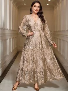 Reflora Plus Size Elegant Casual Embroidered Dress With Flared Cuffs For Evening Dinner Formal Party Cocktail Wedding Guest Wedding Beige Autumn - Gold - View 9