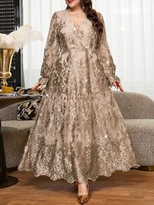 Reflora Plus Size Elegant Casual Embroidered Dress With Flared Cuffs For Evening Dinner Formal Party Cocktail Wedding Guest Wedding Beige Autumn - Gold - View 7