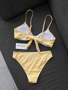 SHEIN Swim Women's 2 Pieces Bikini Swimwear Set, Double Shoulder Straps, Light Yellow Ribbed Fabric, Two Pieces Swimwear For Beach, Island, Pool Party, Casual Versatile - Light Yellow - View 5