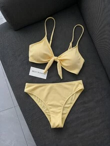 SHEIN Swim Women's 2 Pieces Bikini Swimwear Set, Double Shoulder Straps, Light Yellow Ribbed Fabric, Two Pieces Swimwear For Beach, Island, Pool Party, Casual Versatile - Light Yellow - View 2