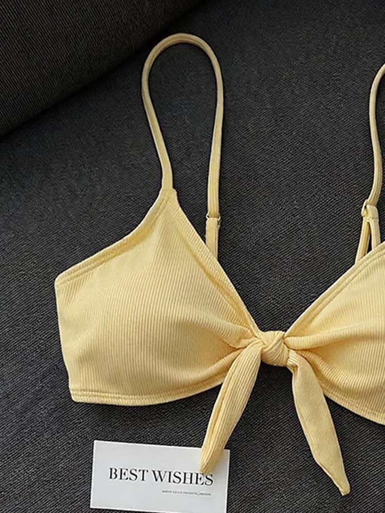 SHEIN Swim Women's 2 Pieces Bikini Swimwear Set, Double Shoulder Straps, Light Yellow Ribbed Fabric, Two Pieces Swimwear For Beach, Island, Pool Party, Casual Versatile - Light Yellow - View 4