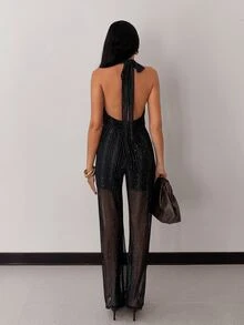 SHEIN Glamour Women's Autumn Party Sleeveless Tie-Up Jumpsuit - Black - View 2