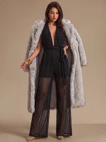 SHEIN Glamour Women's Autumn Party Sleeveless Tie-Up Jumpsuit - Black - View 5