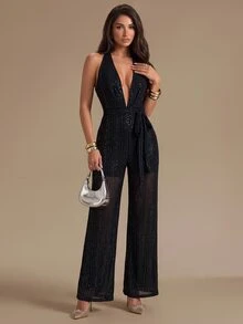 SHEIN Glamour Women's Autumn Party Sleeveless Tie-Up Jumpsuit - Black - View 4