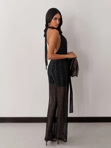 SHEIN Glamour Women's Autumn Party Sleeveless Tie-Up Jumpsuit - Black - View 8