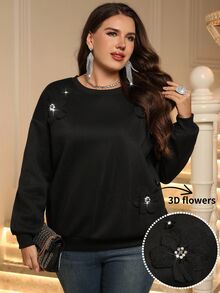 Miaspire Women's Plus Size Black 3D Floral Decor Sweatshirt Winter Clothes Winter Clothes Fall Winter 2026 Elegant Women's Blouses - Black - View 1