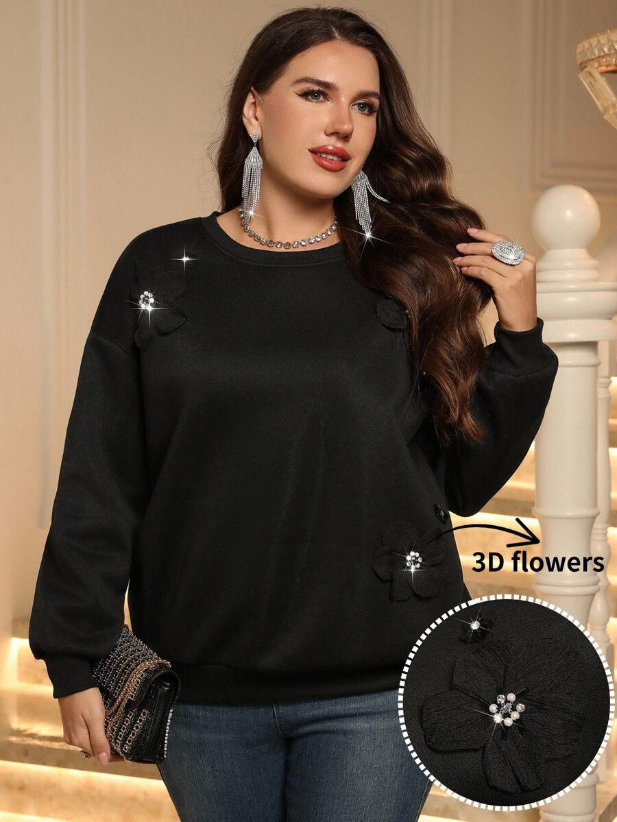 Miaspire Women's Plus Size Black 3D Floral Decor Sweatshirt Winter Clothes Winter Clothes Fall Winter 2026 Elegant Women's Blouses - Black - View 1
