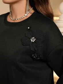 Miaspire Women's Plus Size Black 3D Floral Decor Sweatshirt Winter Clothes Winter Clothes Fall Winter 2026 Elegant Women's Blouses - Black - View 2