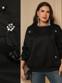 Miaspire Women's Plus Size Black 3D Floral Decor Sweatshirt Winter Clothes Winter Clothes Fall Winter 2026 Elegant Women's Blouses - Black - View 8