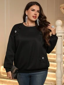 Miaspire Women's Plus Size Black 3D Floral Decor Sweatshirt Winter Clothes Winter Clothes Fall Winter 2026 Elegant Women's Blouses - Black - View 5