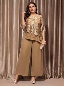Reflora Plus Size Round Neck Embroidered Shirt And Solid Color Loose Long Pants 2 Pieces Set Wedding Dinner Formal Evening Chocolate Brown Summer Elegant 90s - Khaki - View 6