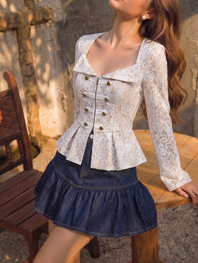 SHEIN MOD Women's White Lace Jacquard Peplum Top Long Bell Sleeves Square Neck Fashionable Military Button Detail,Luxury,Vacation