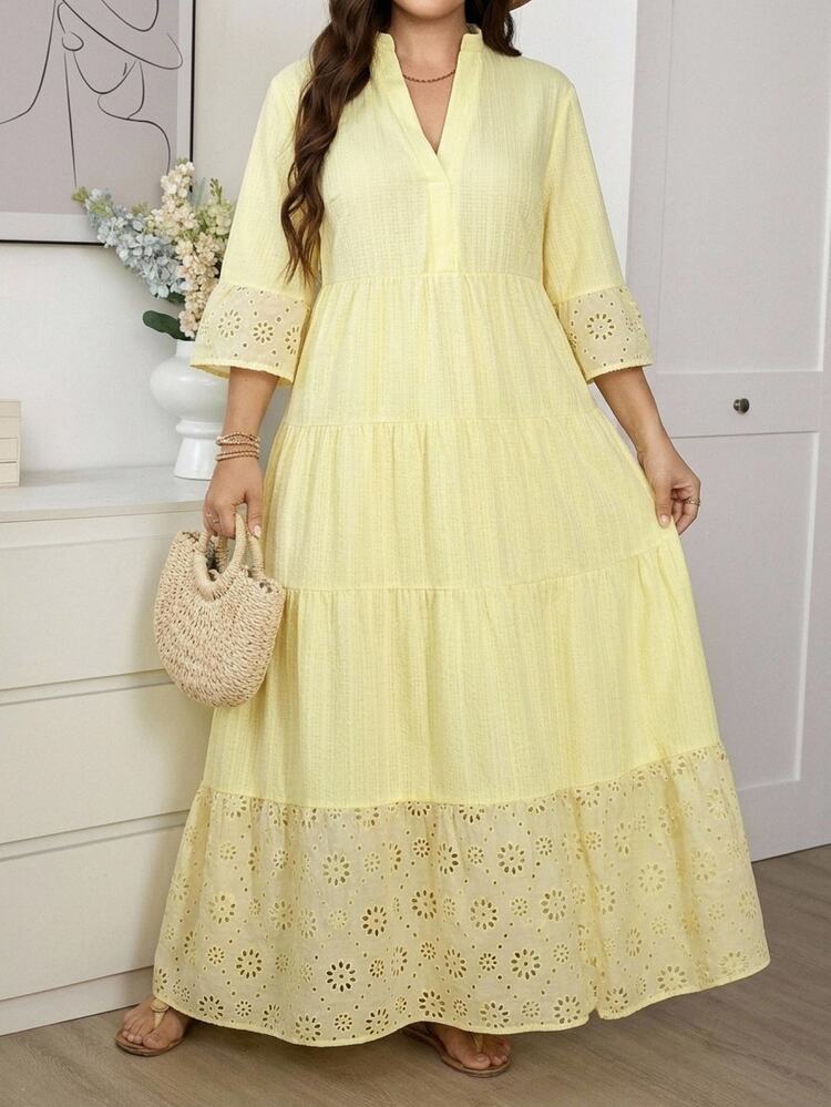 Easowa Curve Plus-Size Women's Embroidered V-Neck Yellow Autumn Boho Party Vacation Dress,Elegant Bell Cuffs Tiered Long Gown,Modest Maxi Soft Yellow - Yellow - View 1