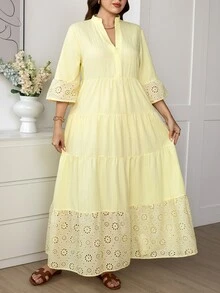 Easowa Curve 大尺碼女款刺繡V領黃色秋季波希米亞風派對度假洋裝，優雅喇叭袖分層長洋裝，保守款柔黃色長裙 - 黃色 - 查看 4