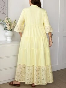Easowa Curve 大尺碼女款刺繡V領黃色秋季波希米亞風派對度假洋裝，優雅喇叭袖分層長洋裝，保守款柔黃色長裙 - 黃色 - 查看 5