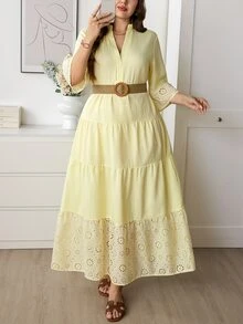 Easowa Curve 大尺碼女款刺繡V領黃色秋季波希米亞風派對度假洋裝，優雅喇叭袖分層長洋裝，保守款柔黃色長裙 - 黃色 - 查看 7