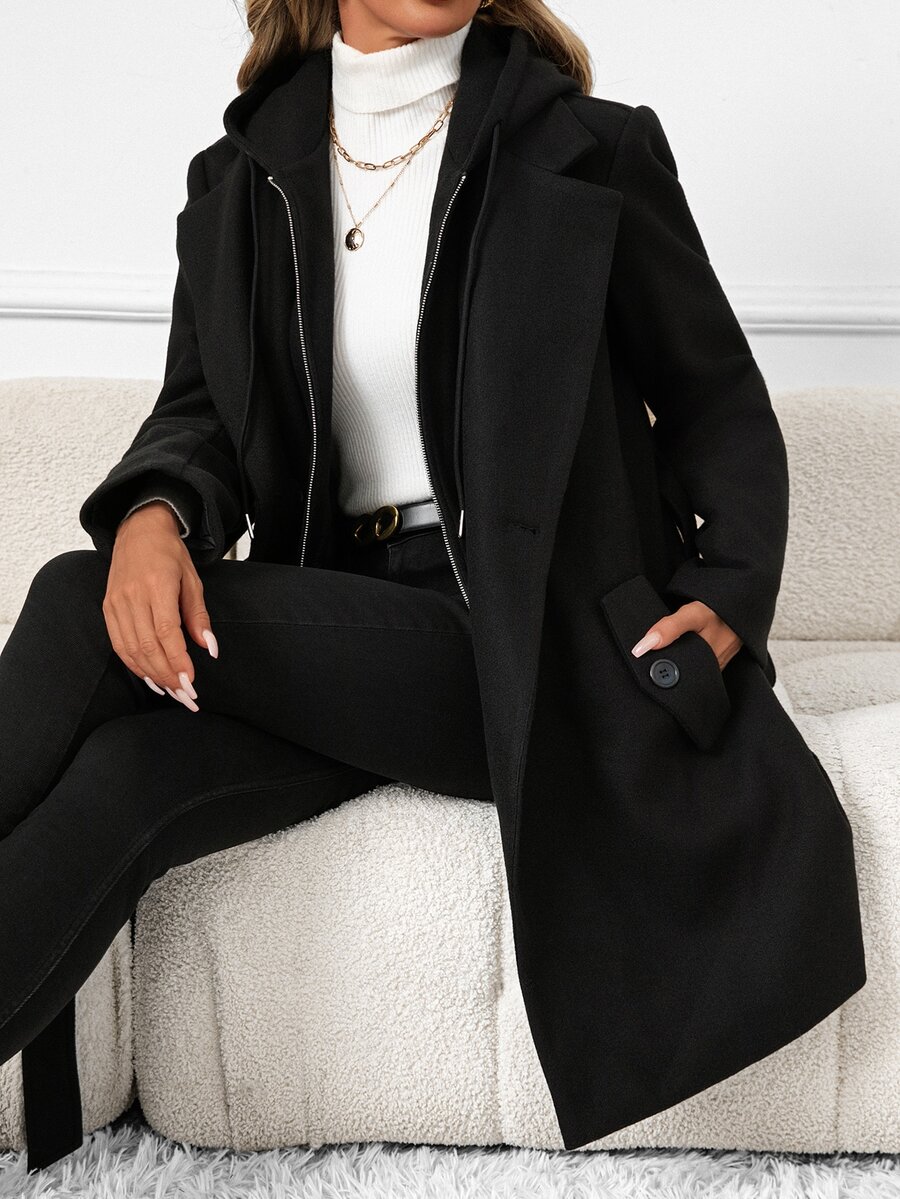SHEIN Clasi Women's Solid Color Casual Versatile Winter Hooded Jacket - Black - View 1