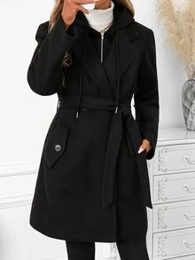 SHEIN Clasi Women's Solid Color Casual Versatile Winter Hooded Jacket - Black - View 5
