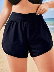 SHEIN Swim Curve Plus Size Women Beach Cover Up Shorts, Solid Color Casual Summer - Navy Blue - View 3