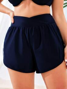 SHEIN Swim Curve Plus Size Women Beach Cover Up Shorts, Solid Color Casual Summer - Navy Blue - View 4