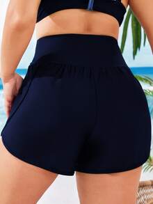 SHEIN Swim Curve Plus Size Women Beach Cover Up Shorts, Solid Color Casual Summer - Navy Blue - View 2