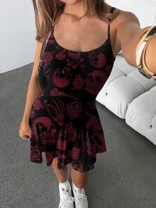 SHEIN SXY Casual Skull & Rose Pattern A-Line Mini Dress For Women, Suitable Summer,Summer Dresses,Sun Spring Clothes Cute Woman Clothing Chic - Multicolor - View 4