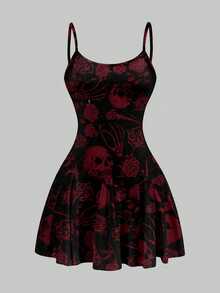 SHEIN SXY Casual Skull & Rose Pattern A-Line Mini Dress For Women, Suitable Summer,Summer Dresses,Sun Spring Clothes Cute Woman Clothing Chic - Multicolor - View 3