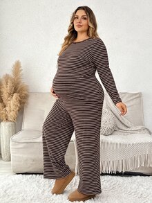 Plussiva Plus Size Maternity Striped Long Sleeve Top And Adjustable Waistband Pants Casual Daily 2 Pieces Set - Coffee Brown - View 5