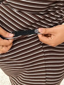 Plussiva Plus Size Maternity Striped Long Sleeve Top And Adjustable Waistband Pants Casual Daily 2 Pieces Set - Coffee Brown - View 9