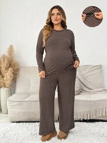 Plussiva Plus Size Maternity Striped Long Sleeve Top And Adjustable Waistband Pants Casual Daily 2 Pieces Set - Coffee Brown - View 3