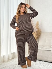 Plussiva Plus Size Maternity Striped Long Sleeve Top And Adjustable Waistband Pants Casual Daily 2 Pieces Set - Coffee Brown - View 7