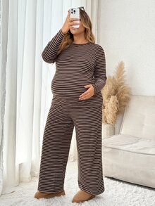 Plussiva Plus Size Maternity Striped Long Sleeve Top And Adjustable Waistband Pants Casual Daily 2 Pieces Set - Coffee Brown - View 6