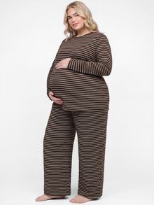 Plussiva Plus Size Maternity Striped Long Sleeve Top And Adjustable Waistband Pants Casual Daily 2 Pieces Set - Coffee Brown - View 2