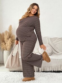 Plussiva Plus Size Maternity Striped Long Sleeve Top And Adjustable Waistband Pants Casual Daily 2 Pieces Set - Coffee Brown - View 10