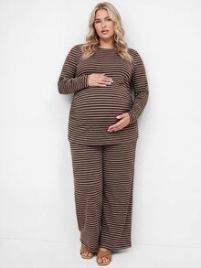 Plussiva Plus Size Maternity Striped Long Sleeve Top And Adjustable Waistband Pants Casual Daily 2 Pieces Set - Coffee Brown - View 1