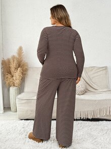 Plussiva Plus Size Maternity Striped Long Sleeve Top And Adjustable Waistband Pants Casual Daily 2 Pieces Set - Coffee Brown - View 4
