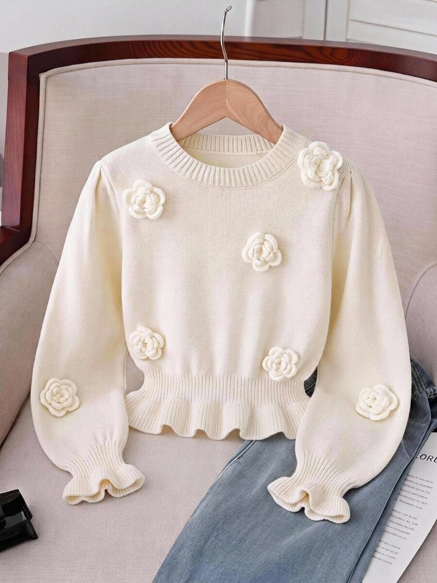 SHEIN Tween Girls Sweet 3D Floral Knit Sweater, Round Neck Petal Sleeve Ruffle Hem Short Long Sleeve Pullover Top, Children's Knitwear Autumn Winter - White - View 1