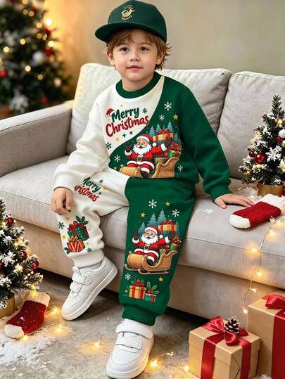 Boys' (Small) Sweatshirt Set, White & Green Diagonal Patchwork Sweatshirt With Santa Claus, Sleigh, Gift Box Graphic, Merry Christmas Text And Snowflake & Star Decor, Matching Long Pants With White & Green Split Legs, Same Christmas Print, Ribbed Cuffs And Hem