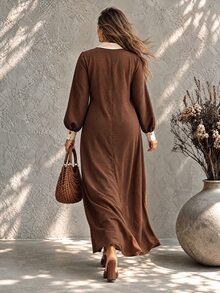 Ceyna Plus Size Women Minimalist Colorblock Lapel Long Sleeve Mid-Length Shirt Dress - Brown - View 2