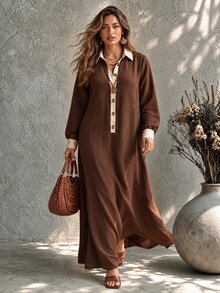 Ceyna Plus Size Women Minimalist Colorblock Lapel Long Sleeve Mid-Length Shirt Dress - Brown - View 1