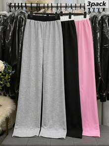SHEIN Teen Girls Sweatpants, 3pcs Set, Baggy Cute, Loose, Elastic Waist, Summer, Drawstring, Cuffed, Knitted, Sport Cycling Black White Pink Autumn Winter - Multicolor - View 4