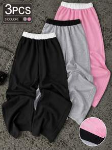 SHEIN Teen Girls Sweatpants, 3pcs Set, Baggy Cute, Loose, Elastic Waist, Summer, Drawstring, Cuffed, Knitted, Sport Cycling Black White Pink Autumn Winter - Multicolor - View 2